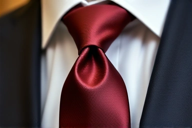 Perfectly tied Windsor knot with dimple, luxurious tie.