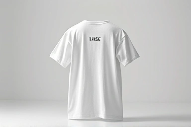 Elegant white t-shirt with subtle black back logo, premium fabric.