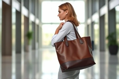 Stylish woman with professional work bag in office.