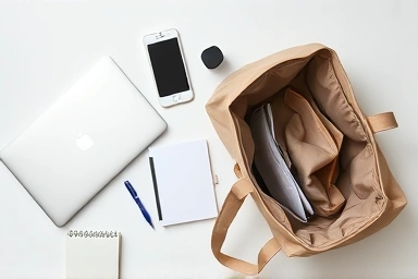 Organized work essentials and open tote bag interior.