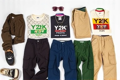 Y2K cargo pants styling elements flat lay