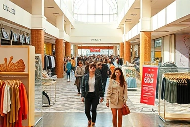 Luxury outlet mall with diverse fashion and happy shoppers.