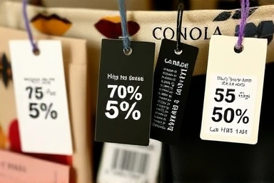 Fashion price tags showing significant discount percentages.