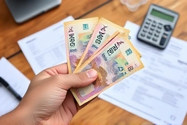 Korean Won bills, tax form, calculator, financial relief, success