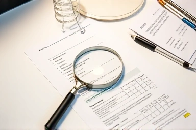 Tax documents and magnifying glass on a desk.