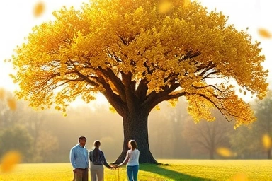 Family tree with golden leaves, symbolizing wealth transfer.