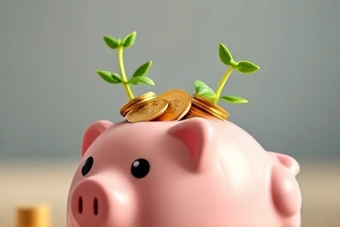 Piggy bank overflowing with coins and plants