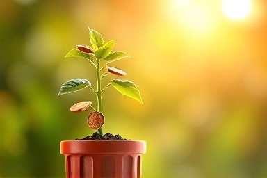 Financial growth and security, symbolic plant with coins.