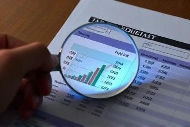 Hand reviewing tax document with magnifying glass