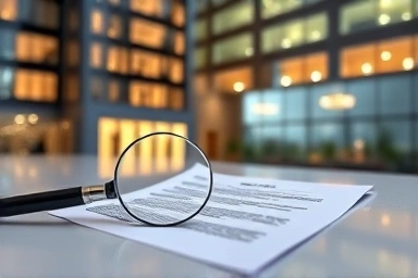 Commercial building with glowing windows and tax document.