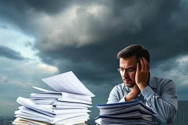 Business owner stressed by corporate advance payments and tax risks.