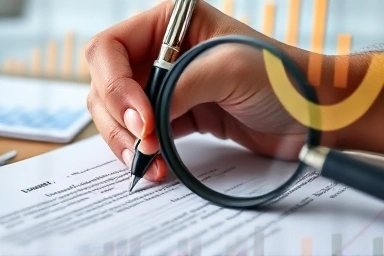 Hand amending legal document with magnifying glass and financial charts.