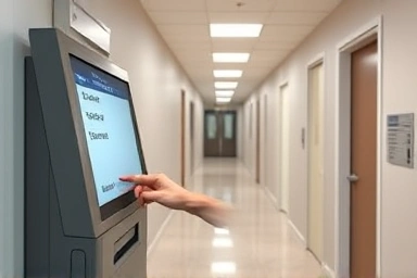 Self-service kiosk for official document issuance in a government office.