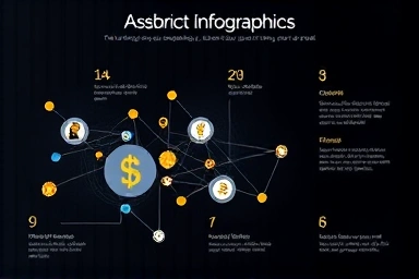 Abstract digital currency flow infographic, cost savings, growth, sophisticated design.