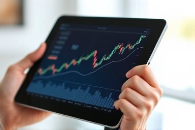 Digital tablet showing crypto trading chart, financial gain, upward trend, profit.