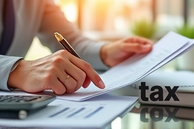 Business owner reviewing financial documents for tax compliance.