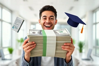 Tax refund, money, education icons, happiness, financial benefit