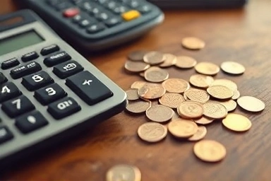 Calculator and coins symbolizing financial savings and tax benefits.