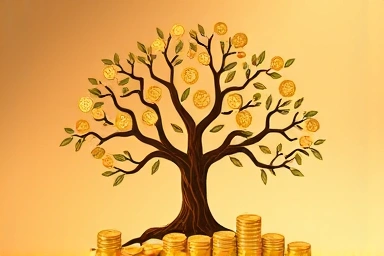 Family tree with golden coins, wealth transfer, financial security