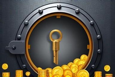 Key unlocking vault of golden coins for financial savings