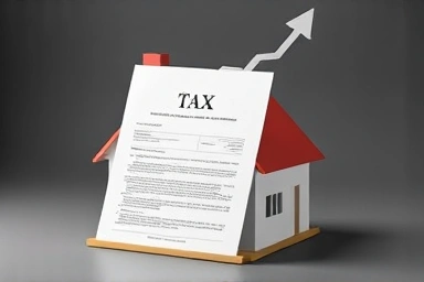 Symbolic house and tax document with change arrow.