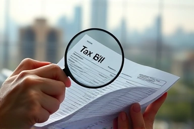 Person examining property tax bill with magnifying glass.