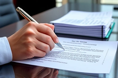 Hand signing tax correction document, symbolizing resolution.
