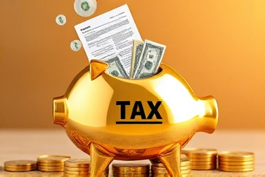 Golden piggy bank with money, symbolizing retirement savings and tax benefits.