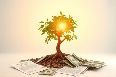 Money tree with tax documents, representing retirement fund growth and tax strategy.