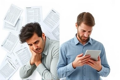 Contrast between complex paperwork and calm digital tax filing.