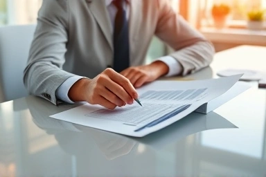 Financial documents, business person, strategic planning, modern office.
