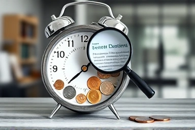 Urgent tax correction clock with coins and magnifying glass.