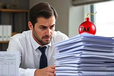 Business owner stressed by tax documents and hidden tax bomb.