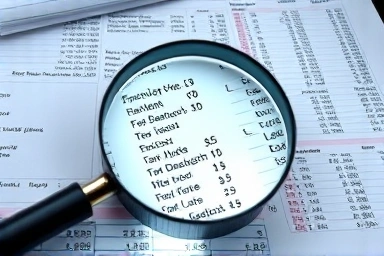 Magnifying glass analyzing financial ledger for tax deductions.