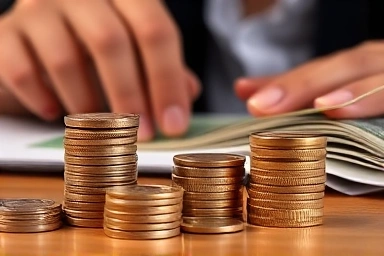 Coins and tax document symbolizing financial savings and reporting.