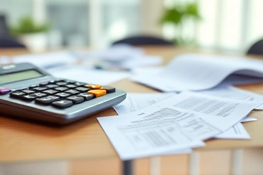 Calculator and receipts on a desk for tax deduction.