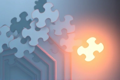 Abstract puzzle pieces forming a clear, illuminated image