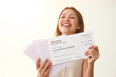 Person happy with tax refund and documents.