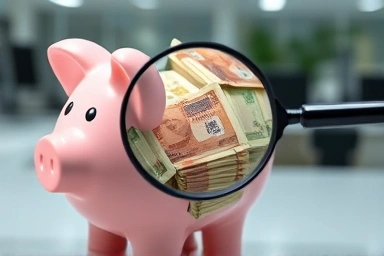 Piggy bank and magnifying glass, tax savings concept