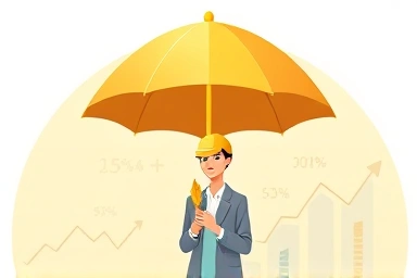 Golden umbrella protecting small business owner with financial growth symbols.