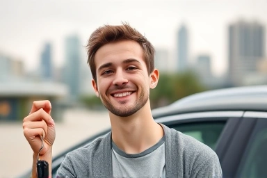Young adult celebrating affordable car insurance.