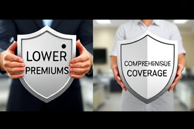 Split image showing trade-off between lower insurance premiums and coverage.