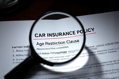 Car insurance policy with magnifying glass on age restriction