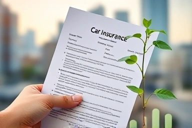 Hand holding insurance document with growing plant overlay.