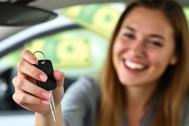 Smiling driver with car key, symbol of saving money on car insurance