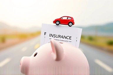 Piggy bank filled with car insurance documents and a car.