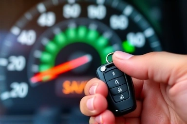 Hand holding car key, low mileage speedometer, financial savings.