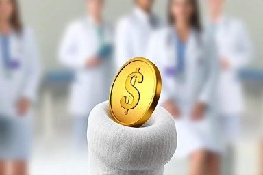Medical cast with a golden coin, insurance payout symbol
