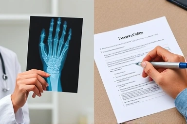 Doctor with X-ray and person filling insurance claim form