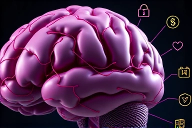 Abstract representation of brain blood vessels with financial protection icons.